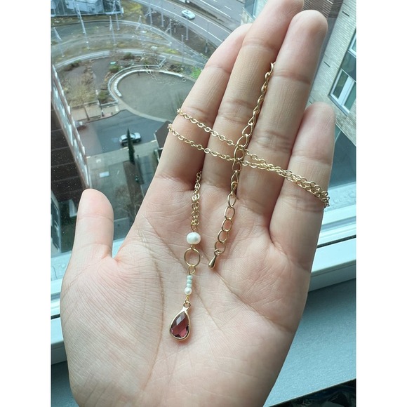 Garnet Wine Red Mint Freshwater Pearl Casual Tassel O Ring Minimalist Necklace - Picture 3 of 5